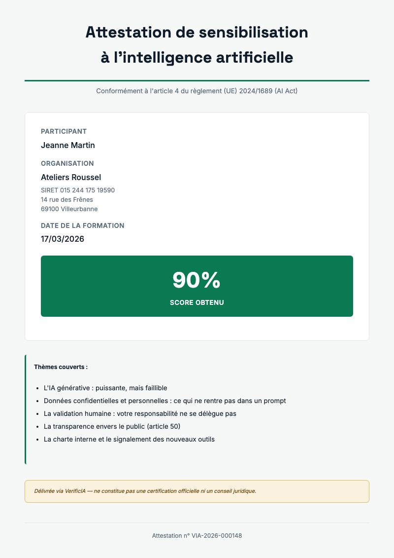 Attestation de sensibilisation nominative, avec son numéro et le score obtenu