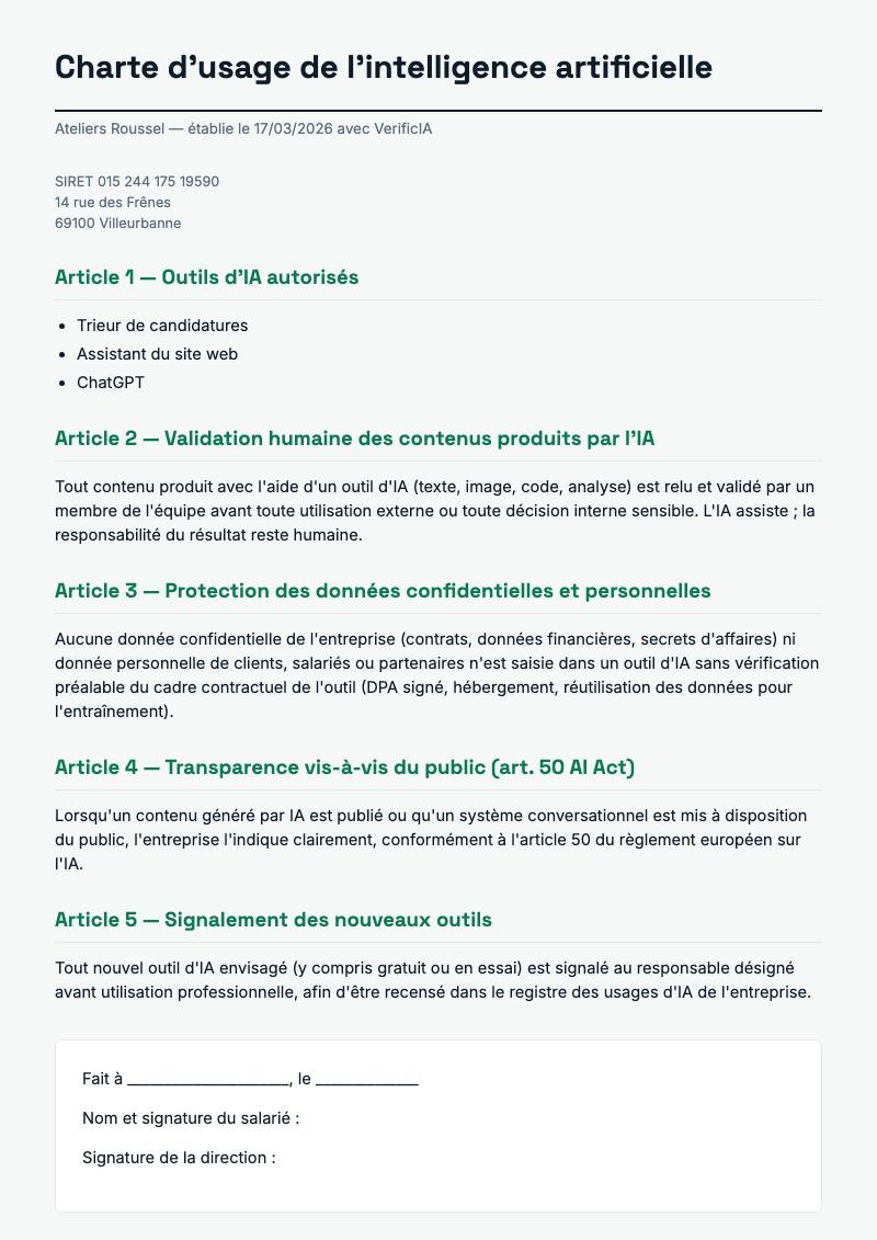 Première page de la charte d'usage de l'intelligence artificielle