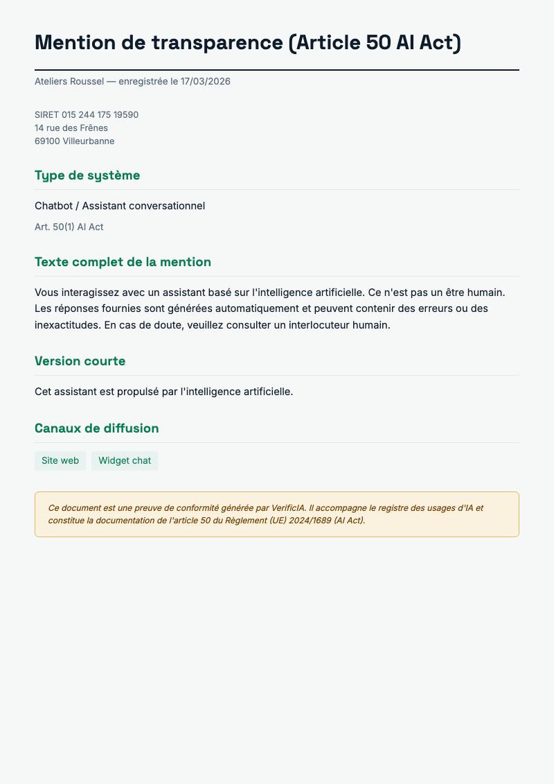 Mention de transparence à afficher, avec son texte et les canaux où la poser