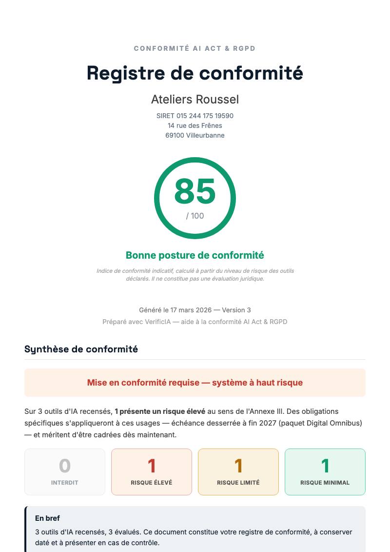 Première page du rapport de conformité : le score, le nom de l'entreprise et la date